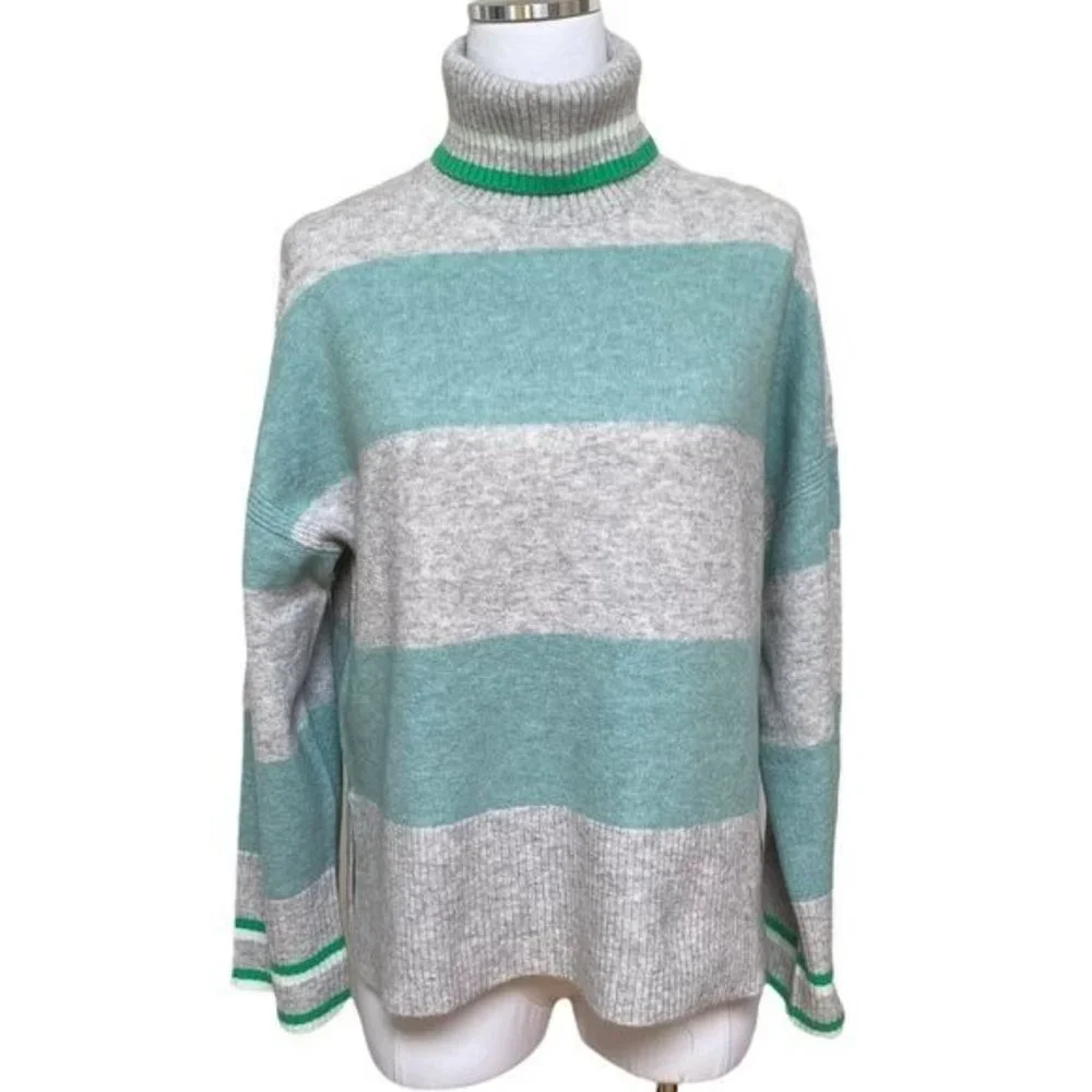 J. Crew Striped Turtleneck Sweater Supersoft Yarn Heather Silver Mint NWT